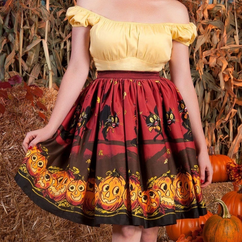 PUG Pinup Girl Clothing Pumpkin Border Skirt XS